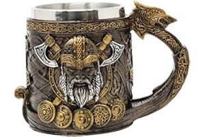 MEDIMUC Pichet viking - Traité détaillée, décoratif, peint à la main, carafe médiévale avec tête viking, boucliers et haches de conflit, insert amovible en acier inoxydable