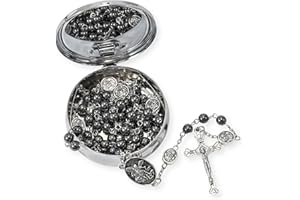 Nazareth Store Rosario de San Miguel, collar de cuentas de piedra de hematita, cuentas de gloria, medalla de arcángel y crucifijo para hombres y mujeres en caja de metal