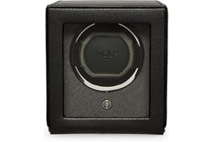 WOLF DESIGNS Wolf Cub 461103 - Automatic Watch Winder for 1 Watch with Glass Cover - Black Vegan Leather, Chrome Finish and Grey Grosgrain Faceplate - Wolf Patented Rotation Technology