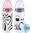 NUK First Choice+ Baby Bottles Set | 0-6 Months | Temperature Control | 300 ml | Anti Colic Vent | Silicone Teat | BPA-Free | 2 Count | Monochrome Animals (Pink and Grey)