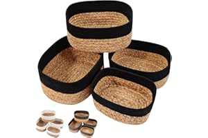 Otoomenz 4PCS Storage Basket, Woven Cotton and Water Hyacinth Woven Basket Storage with Handles,Shelf Baskets Toy Basket Storage Baby Storage Organiser for Make up Cupboard Drawer Closet Shelf(Black)