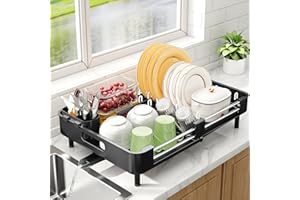 Kitstorack Escurridor De Platos Expandible, Escurreplatos Acero Inoxidable con Soporte Extraíble para Cubiertos, Pico Giratorio para Escurrir, Escurreplatos Plegable para Fregadero de Cocina, Negro