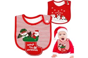 FUKPO 2 Pezzi Bavaglini Neonato Natale Set, Bavaglino Neonato Natalizio Bavaglini Pappa Cotone, Bavette Neonato con Bottone Bavaglini Neonata