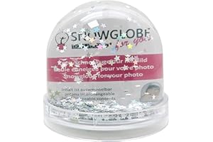 SNOWGLOBE FOR YOU - DO IT YOURSELF Photo Snow Globe Large | Contents Silver Stars | with 2 x Picture | Transparent Base | Snow Globe Glitter Stars | W: 9 cm H: 8 cm 2 Colouring Pages | Photo Gift Picture Frame | 50011