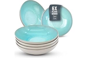 PURE LIVING INTERIOR DESIGN Juego de 6 Platos de Sopa Ibiza - Gres Premium, Resistente a los Arañazos, Apto para Lavavajillas, Microondas - Set de Platos Hondos con Estilo - Pure Living en Beige y Turques