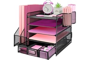 ideallife Schreibtisch Organizer Ablage aus Metall, 5 Ebenen Papier Briefablage mit Aktenhalter, Mesh Schreibtisch Akten Organizer mit Zeitschriftenhalter für Büro Dokumentenablage (Schwarz)
