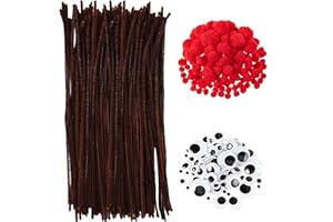 ZHOUHON 400 Stück Pfeifenreiniger Set, Braune Chenilledraht-Pfeifenputzer mit Roten Pom-Poms & Selbstklebenden Bastelaugen – Ideal für DIY Weihnachts-Handwerk (Braun-A)
