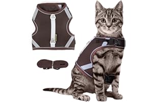 EASY JOY Arnes Gato Anti-Escape con Malla, Ajustable Arnés para Gato, Tiras Reflectantes de Borde Completo Que Brindan Protección para Gatos Que Caminan de Noche(XS, Marrón)