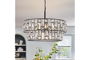 Rviezza Double Round Frame Black Crystal Chandeliers, Modern 6 Light Black Metal Ceiling Light, Crystal Chandelier with E14 Dimmable Socket, Industrial Ceiling Lighting with Adjustable Hanging Chain