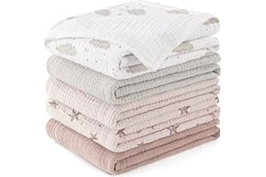 Susurration 100% Muselinas Bebe Algodon 60x60 Paquete con 5 Unidades Muselinas de Algodón para Recién Nacidos Bebés Toalla,Absorbente de Gasa de Grano para recién Nacidos (Pentagrama Rosa)