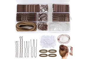 HONZUEN 385 Pcs Hair Pins & Bobby Pins Set – 150 U Shaped Hair Pins, 125 Bobby Hair Grips, 100 Clear Elastic Hair Bands, 6 Bun Nets, 4 Scrunchies, Brown Bun Kit with Box
