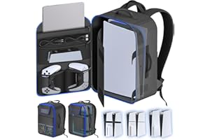 LVVIL Sac à Dos de Transport pour PS5/ Slim/ Pro, Sac Étanche avec Protection 8mm, Rangement pour 2 Manettes, Ordinateur Portable 15", Cartes de Jeu & Accessoires, Sac de Rangement PS5