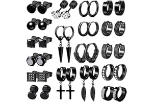 BVLAGIDA 18 Paires Boucle d'Oreille Homme, Acier Inoxydable Boucles d'Oreilles, Boucle d'Oreille Créole, Boucle d'Oreille Pendante Homme, Argent Noir Clous d'Oreilles