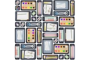 Giklux 25 Pcs Makeup Drawer Organiser Trays, 4 Sizes Desk Drawer Dividers Organisers for Cutlery, Kitchen, Bathroom, Office, Cosmetics, Vanity, Dressing Table, Plastic Junk Draw Organiser, Gray