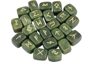 mookaitedecor 25 Pièces Jade Verte Runes Divinatoires Pierres Poli Roulée Gravée Cristal pour Reiki Guérison Décoration