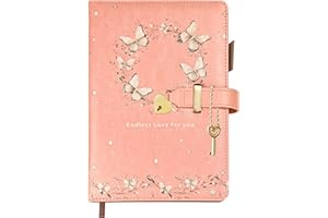 Qefuna dziennik z zamkiem w kształcie serca i motylem UV – notatnik A5 dla dziewcząt i dorosłych, 200 stron (100 g/m²), linijka 8 mm, uchwyt na długopis, zakładka –różowy