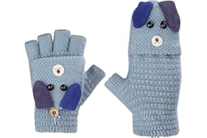 JIAHG Kinder Halbfinger Handschuhe Fingerlose Fäustlinge Mädchen Winter Cartoon Fingerhandschuhe Strickhandschuhe Thermohandschuhe mit Klappe