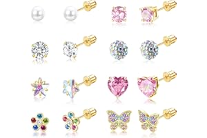 JeryWe 8 Paar Ohrstecker Set für Mädchen Kinder, Chirurgenstahl Hypoallergen Ohrringe Niedlich Schmetterling Blume Herz Perle Ohrringe mit Zirkonia Mehrfarbig Schraubverschluss Ohrringe