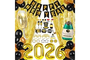 YEAHBOOM Silvester Deko 2026 Set,Happy New Year Girlande,Schwarz Gold Neujahr Deko 2026,Schwarz Gold Konfetti Ballons,Glitzer Vorhänge,Silvester Dekoration Set,Neujahrsdeko Silvesterpartydeko Accessoire