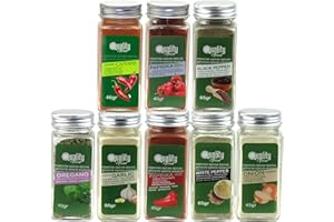 QUALITY FOOD QF SPAIN Pack d'herbes aromatiques usage quotidien. Idéal pour les cadeaux et l'usage quotidien. 8 bocaux en verre, réutilisables. Ail, oignon, poivre noir et blanc, paprika doux et piquant, origan et cayenne