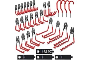 3-H Ganchos de Garaje Resistentes, Paquete de 31 Ganchos de Almacenamiento de Garaje de Acero, Soporte de Pared y Organizador de Herramientas, Cuerdas, Cables(Rojo)