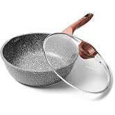 RIOVARM 24 cm Deep Frying Pan with Lid, Induction Nonstick Frying Pans, Granite Egg Pans PFOA-Free, Marble Omelet Pan with Ba