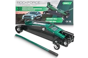ROCKFORCE PROFESSIONAL TOOLS Gato hidraulico Coche 3T- Altura elevación 135-420mm con 2 Ruedas giratorias - Gato hidraulico para Coche Profesional. Ideal para Taller, Garaje, Cambio Aceite, Ruedas.