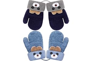 FRIUSATE Kids Knitted Gloves, Stretch Mittens Plush Lining Winter Warm Mittens Full Finger Gloves with String for 1-3 Years Old Boys Girls