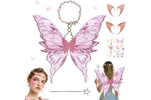 Fettwal Ali Fata Donna Bambina, Ali da Fata Adulto Donna, con 2 paia di orecchie da elfo e 1 Copricapo con ghirlanda da elfo, per Halloween, Carnevale, Compleanno, Natale, Giochi di ruolo, Rosa