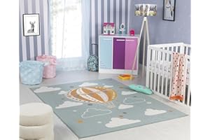 Livabliss Mongolfiera Tappeto Bambini Tappeto Bambino Cameretta, Asilo o Sala Giochi, Tappeti per l'area della stanza dei Bambini, Accessori per Camera da Letto dei Bebè, Verde Petrolio 80x150 cm