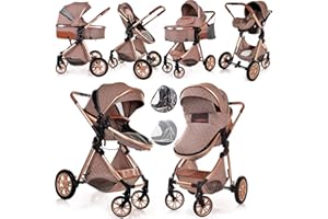 LIBREBON Baby Pram Pushchair Buggy Stroller 3 in 1 Child Lightweight Folding Stroller 3 in 1 Travel System Pram for Newborns Toddlers 0-36 Months from Birth Aluminum (Beige)