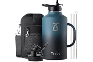 Trebo Insulated Water Bottle 2L, Metal Bottle with Handle Stainless Steel Metal Large Jug Travel Flask with Straw Spout Lid Mug Tumbler Cup with Carry Pouch Keep Cold Hot, Indigo Black