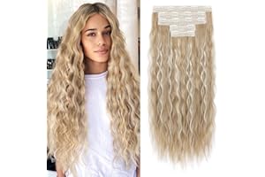Clip in Hair Extensions, REECHO 5PCS Brown Hair Extensions 24" Thick Long Loose Waves hair extensions HE002 Invisible Lace Weft Natural Soft Hairpieces for Women – Medium Blonde with Highlights