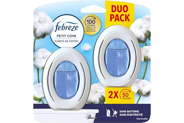 Febreze Petit Coin Pureté De Coton, Désodorisant WC Sans Électricité, Combat et Prévient les Odeurs, Technologie OdourClear, Protège les Surfaces Souples, Activation Simple, Fraîcheur Jusqu'à 50 Jours