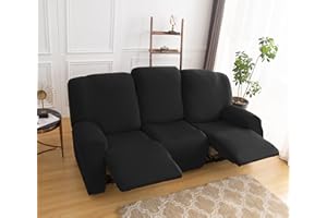 QELUS Stretch Recliner Chair Cover,8-Pieces Sofa Cover Slipcover Couch Covers,Armchair Cover Non-Slip Furniture Protector ,Elastic Spandex Soft Recliner Chair Protector with Side Pocket(3 Seater Black)