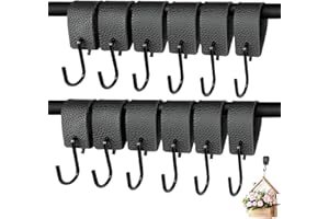 NVGVUP 6 Stück S Haken Mit Lederschlaufe, Schwarz Kleiderhaken, Haken zum Einhängen, Haken für Kleiderstange, Fleischerhaken Leder