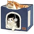 DAYONG Cat Bed, Foldable Cat House with Detachable Storage Box Scratch Pad and Fluffy Ball Hanging, Cat Hidewy Cube House for Multi-Small Pet Large Kitten Kitty (41 * 41 * 35) (style 1-blue)