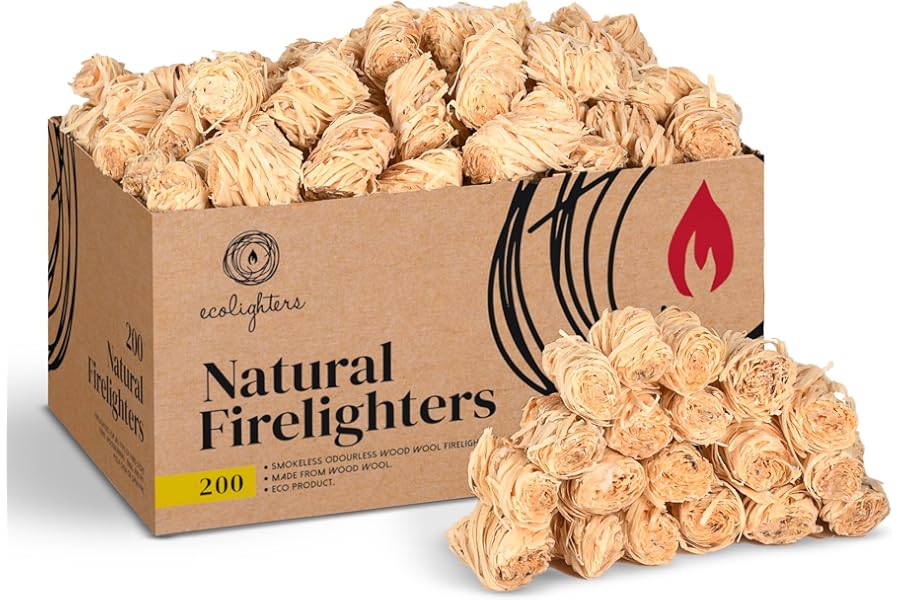 200 Natural Firelighters for Wood Burners, Fire Lighters, Firelighter for Stove, BBQ cooking, Wood Wool Fire Starters for Stoves and Wood Burner - Barbecue, Fire Pit, Pizza Oven. Large Box, 2.2KG