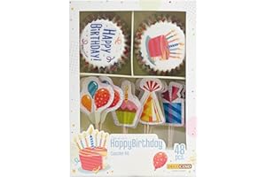 DECOCINO Juego de magdalenas Happy Birthday (48 piezas, 24 moldes para cupcakes con diámetro de 5 cm y 24 adornos de papel para magdalenas, decoración ideal para cumpleaños de niños