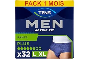 TENA Men Active Fit Sous-vêtements Absorbants Jetables Incontinence Homme - Pour Fuites Urinaires Modérées à Fortes - Taille L / XL - 32 Sous-vêtements (Pack 1 mois)
