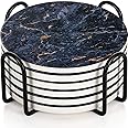 Decor & More - Ceramic Coasters with Matt Finish On Top & Cork Base | Coasters for Cups Set of 6 | Marble Style Ceramic Coaster for Tea, Coffee Table & Dining Table with Metal Holder
