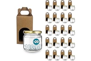 Espirito Rebelde 20 barattoli vuoti in vetro con coperchio da 100 ml con 20 barattoli di cartone per 1 barattolo di marmellata, con coperchio a vite dorato, per marmellate, conserve, miele