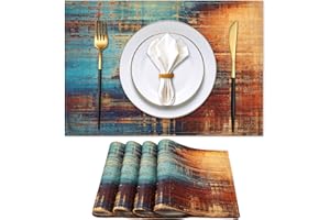 VELVHOM Manteles Individuales Azul Naranja Lino Lavables Impermeables Boho 4 Piezas Salvamanteles Individuales con Patrón de Pintura al óleo Decoración Cocina, Hogar, Restaurante, Mesa de Comedor, 45x32cm