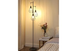 EDISHINE Stehlampe Wohnzimmer, 3-flammige Stehleuchte Dimmbar mit E27 LED-Glühbirnen, Käfig Lampenschirm aus Metall, 2700K warmweiß, Industrial Standleuchte für Schlafzimmer und Büro, 166 cm, Schwarz