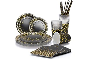 MEYDLL Party Plates Cups and Napkins, 100 Pieces Black and Gold Party Supplies, Golden Dot Paper Plates and Napkins, Party Straw, Golden Dot Party Dinnerware for Birthday Party, Weddings, Anniversary