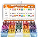 JOREST 168 Pcs Fusibili Auto Assortiti Kit, 114 Mini Fusibili Auto + 54 Fusibile Auto Medio + 1 Estrattori per Fusibili - per