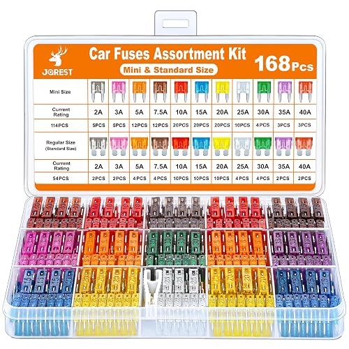 JOREST 168 Pcs Car Fuse Assorted Kit, 114 Mini Blade + 54 Standard+ 1Pullers – 11 Specifications Mixed Auto Fuse: 2Amp 3A 5A 7.5A 10A 15A 20A 25A 30A 35A 40A