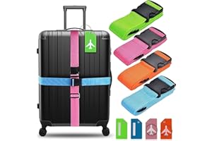 TEMOR Luggage Straps 4Pack Adjustable Suitcase Belts Travel Packing Belt with Buckle Closure Baggage Security Straps 4 Colors + 4 Luggage Tags
