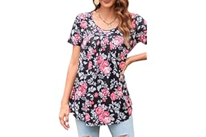 Enmain Damska tunika na co dzień, dekolt w serek, krótki rękaw, kwiatowe koszule, luźny krój, plisowana długa bluzka Henley dla kobiet