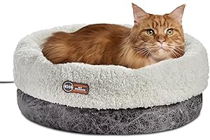 K&H PET PRODUCTS Beheiztes Thermo-Katzenbett für den Innenbereich, beheiztes Haustierbett für Indoor-Katzen und kleine Hunde, thermisches warmes großes Katzenbett, rundes Katzenbett, grau, 35,6 x 45,7